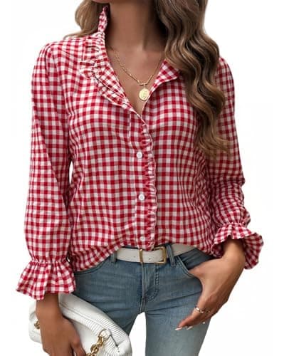 Image of MINTLIMIT Womens Plaid Blouse Peasant Ruffle Neck Button Down Plaid Puff Long Sleeve Gingham Blouse Shirts Red