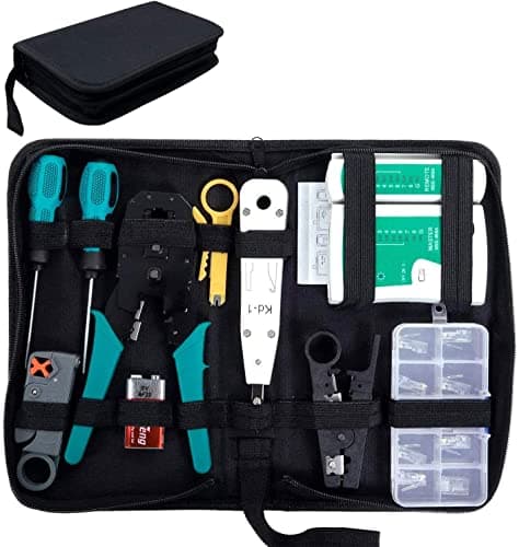 Image of SGILE 12-in-1 RJ 45 Crimping Tool Kit, Pass Through Crimper & Stripper for Cat5/Cat6, All-in-One Ethernet Network Repair Set for Computer Maintenance with LAN Cable Tester, Screwdrivers & Connectors