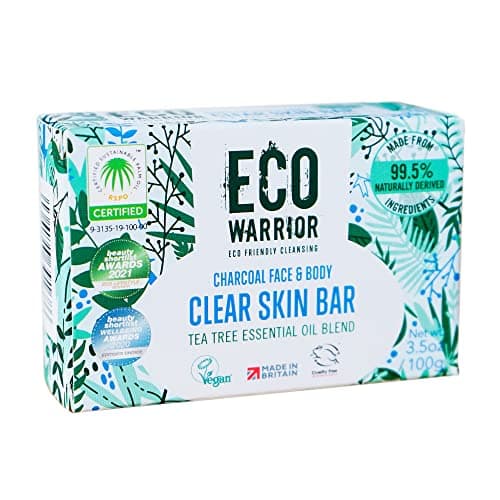Image of Eco Warrior Charcoal Clear Skin Soap Bar | Vegan, Cruelty-Free, eco friendly, Natural | Moisturising Charcoal, Grapeseed, and Anti-Bacterial Tea Tree Essential Oils | No SLS or Parabens | 100g