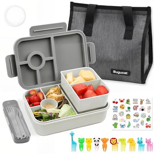 Image of Bugucat Bento Lunch Box 1300ML with Bag - Leak-Proof with 5 Compartments, Cutlery for Kids and Adults - Snack Box for School, Kindergarten, Office,Grey