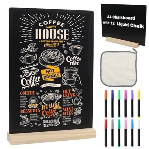 Image of A4 Chalkboard Sign, 8 x 12 inch Erasable Tabletop Blackboard with Stand, Double-Sided Wooden Chalk Board Sign with 12 Colors Liquid Chalk for Wedding, Restaurant, Party, Bar