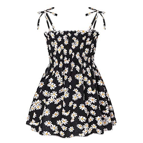 Image of Toddler Girls Summer Slip Dresses Cute Floral Print Kids Pleated Beach Dress Flowy Spaghetti Straps A Line Swing Smocked Skirts Holiday Birthday Party (Black, 4-5 Years)