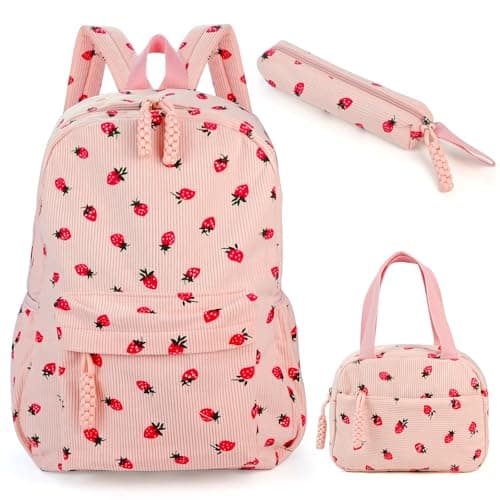 Image of Girls Rucksack - 3Pcs Strawberry Kids Backpack Girl with Fleece Lunch Box & Pencil Case, Cute Pink Backpack, Kawaii Corduroy Girl School Bag, Girls Rucksack for Teen Primary Secondary Middle
