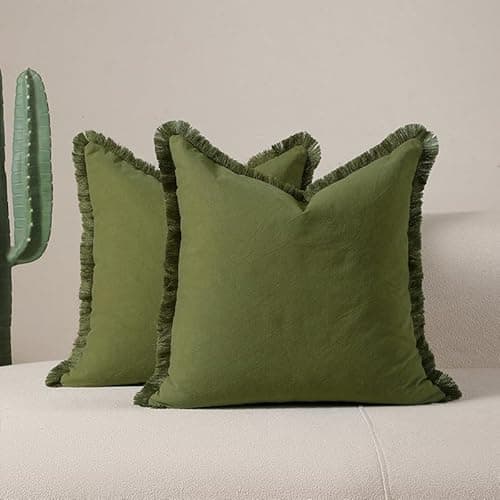 Image of Tennove Cushion Covers 45x45cm Set of 2 Decorative Boho Throw Pillow Case with Fringe Tassels Washed Cotton Linen Soft Farmhouse Pillow Cover for Home Sofa Bed Room, Moss Green