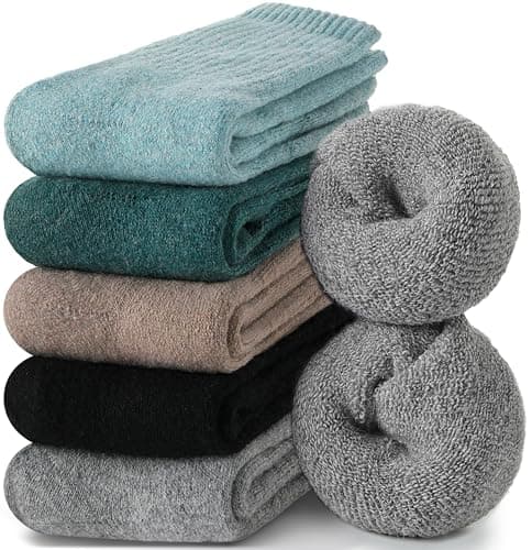 Image of EBMORE Womens Merino Wool Socks Thermal Warm Winter Thick Cosy Boot Crew Cabin Ladies Work Soft Walking Hiking Socks 5 Pairs Gift Stocking Fillers(Khaki/Dark Green/Grey/Black)