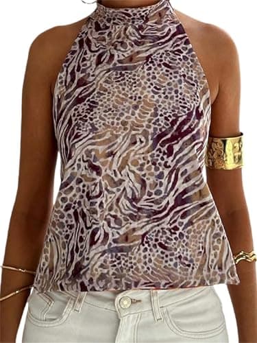 Image of Women Silk Halter Neck Top Open Back Satin Vest Shirt Sleeveless Crop Backless Tank Going Out Tops (Leopard Cheetah Brown, M)