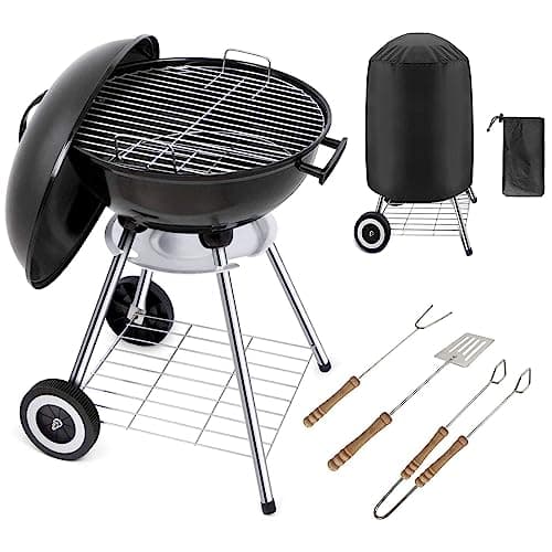 Image of Gr8 Garden Portable 18 inch Kettle Charcoal BBQ Grill Patio Camping Barbecue Barbeque With Cooking Utensils Tools Cover Wheels Stand