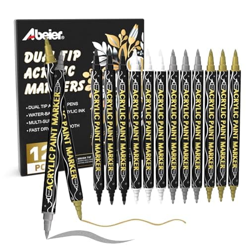 Image of ABEIER Acrylic Paint Pens 12PCSGold, Silver, White, Black, Dual Tip Fine & Brush Markers,Quick Drying Metallic Acrylic Pens for Rock, Wood, Glass, Fabric, Canvas, Ceramic, DIY