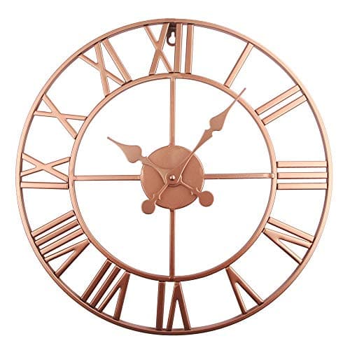 Image of Timelike Stunning Silent Skeleton Indoor/Garden Large Wall Clock Roman Numeral Open Face Metal Clock Round rose gold