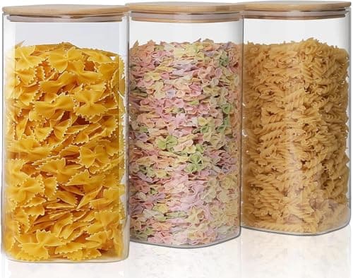 Image of Fulfun 1000ML Glass Jars with Bamboo Lids, 3pcs Air Tight Kitchen Food Cereal Containers for Storage,Canister Set for Jam Pasta Spaghetti Tea Coffee Beans Cookie Snack Flour