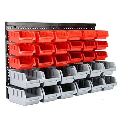 Image of 30-Piece Wall Mounted Tool Storage Rack – Pegboard Backboard with Bins & Hooks – Garage, Workshop & Shed Organiser – Stackable DIY Wall System – Black Plastic Containers | Pukkr