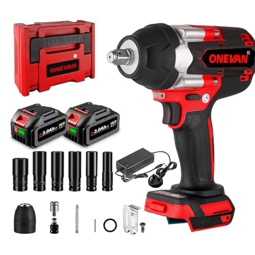 Image of ONEVAN Cordless Impact Wrench 1000N.m(737.56 ft-lb), 1/2 Inch Brushless Impact Gun, 3 Speed Forward and 2 Reverse Impact Wrenches, with 6 Sockets, 2x3.0Ah Battery, Hard Box, Best Gift for Father's Day
