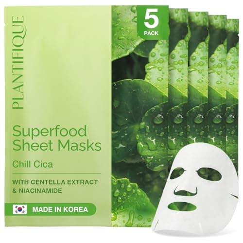 Image of PLANTIFIQUE Facial Sheet Mask Chill Cica 5 Pack – Calming & Soothing Face Mask Sheets with Centella & Niacinamide – Korean Skincare for Skin Comfort and Even Texture