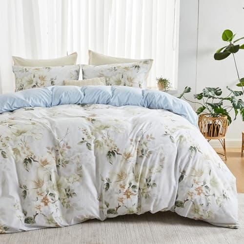 Image of Qucover King Size Duvet Cover Sets, 3-Piece Soft Microfibre White Blue Duvet Cover 220x240 cm with 2 Pillowcases, Rustic Style Floral Printed King Size Bedding Set with Zipper closure and Corner Ties