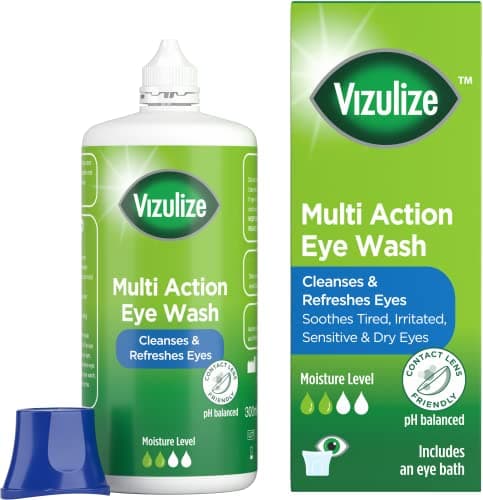 Image of Vizulize Multi Action Eye Wash 300ml with Eye Bath | Cleanses & Refreshes Eyes | Soothes Tired, Dry & Irritated Eyes | pH Balanced | Suitable for Contact Lens Users