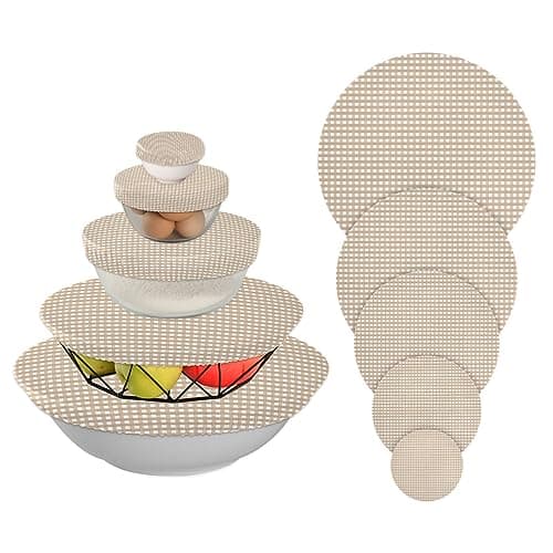 Image of Brown Gingham Elastic Bowl Covers Reusable Stretch Food Storage Cover for Bread Kitchen Fruit Cover Set of 5 in 5 Sizes