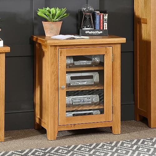 Image of The Furniture Market Cheshire Oak Glazed Hi-Fi Media Cabinet Unit - Natural Oak Finish, Adjustable Shelves, Stylish Design, Ideal for Living Room or Entertainment Area - H 790 x W 610 x D 410mm