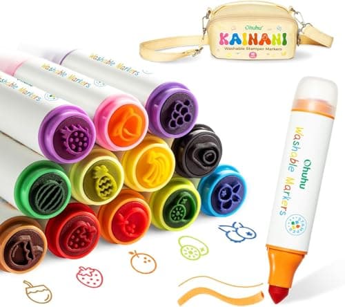 Image of Ohuhu Washable Markers for Kids, 12 Vibrant Colours Felt Tip Pens with Stampers | Water-Based Non-Toxic | Easy-Grip Design for Toddlers & Children Ages 3+ | Art Supplies, Colouring, Drawing