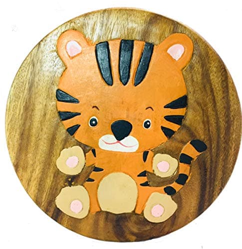Image of My Family House Children Wooden Stool with Tiger Pattern - Strong and Sturdy - H26 cm x W26 cm x D26 cm