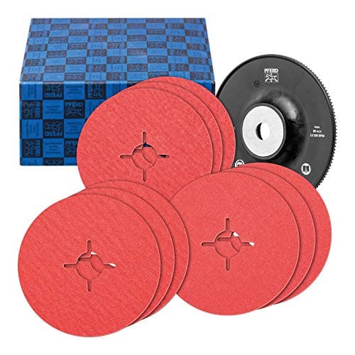 Image of PFERD 64198002 Fibre Discs Set 10 Pieces Ceramic Grain Diameter 125 mm CO-Cool 36, 60, 80 with High Performance Backing Plate for Cool Grinding on Stainless Steel Grain 36-80