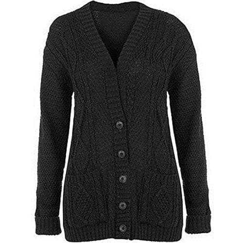 Image of Purple Hanger New Womens Everyday Long Sleeve Button Top Ladies Chunky Aran Cable Knit Grandad Cardigan (12-14 ML, Black)