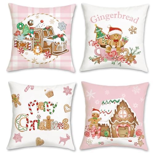 Image of Bonhause Christmas Gingerbread Cushion Covers 45 x 45 cm Xmas Truck House Hot Cocoa Pink Decorative Throw Pillow Covers for Sofa Bed Home Winter Holiday Decor Set of 4