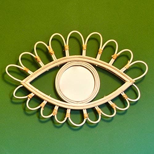 Image of Carousel Home Gifts 42cm Decorative Rattan Eye Shaped Wall Mirror | Wall Hanging Wicker And Glass Boho Mirror