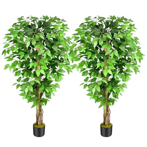 Image of Keeplush 5ft Ficus Artificial Trees with Natural Curved Trunks, 60" Tall Lush Faux Tree for Home Decor Indoor, Green Lifelike Fake Ficus Tree Artificial Plants,2 Pack