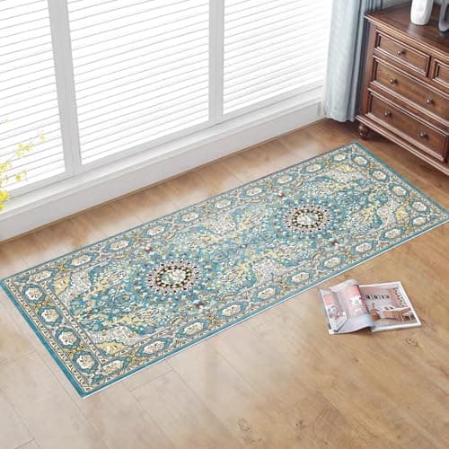 Image of CXTAI Vintage Boho 60x240cm (2x8ft) Long Carpet Runners for Hallways Kitchen Laundry Entryway Non-Slip Machine Washable - Peacock Blue Style