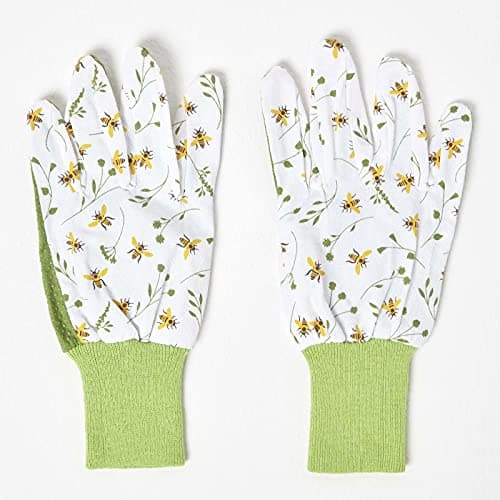 Image of HOMESCAPES Green Floral Gardening Gloves with Bee Floral Design Medium Size Cut Proof Garden Gloves with Elastic Cuffs and Non-Slip Grip Breathable Cotton Gloves for Gardening Potting & DIY