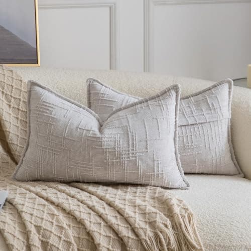 Image of Madizz Decorative Chenille Cushion Covers 40x80 cm Light Grey Pack of 2 Throw Pillows for Couch Sofa Boho Accent Pillow Cases for Bed Cushion for Bedroom Living Room Modern Home Decor