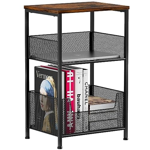Image of Mutool 3 Tier Side Table, 64.5cm End Table Sofa Side Table with Storage Shelf for Small Spaces, Nightstand Bedside Table for Living Room Bedroom Kitchen Office, Rustic Brown and Black