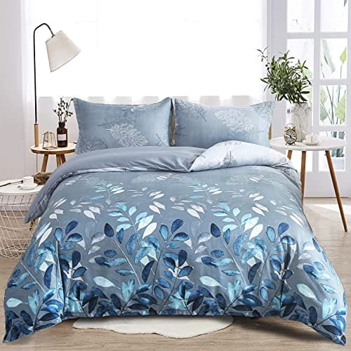 Image of DJY Floral Duvet Cover Double Blue Leaves Bedding Set, Reversible Lightweight Bedding Sets 3pcs with Zipper Closure (Double, 200x200cm)