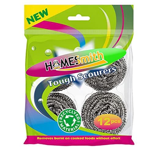 Image of HOMESmith - Stainless Steel Scourers - Heavy Duty Scouring Pad - Anti Rust Wire Wool Scourers for Cleaning Pots, Pans, Grills & Ovens - Pack of 12