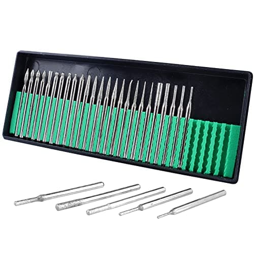 Image of Mesee 30 Pieces Diamond Burr Assortment Set, 3mm Shank Diamond Coated Burrs Deburring Engraving Carving Drills Bits for Rotary Tool Accessories