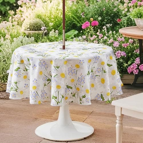 Image of Round Outdoor Tablecloth 150cm - Wipeable Tablecloth with Parasol Hole and Zipper, Garden Table Cloths Waterproof Table Cover Circular Table Cloth Wipe Clean for Round Table, Patio, Picnic,White Daisy