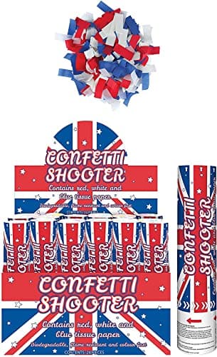 Image of Union Jack Confetti Cannon with Blue, White and Red Biodegradable Paper 20cm Confetti Shooter for Celebration BBQ, Coronation,Great Britain British Party Confetti Decorations (Pack of 6)