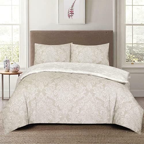 Image of SHAZ HOME Classic Designers Luxury Printed Bedding Set Quilt Cover with Fitted Sheet and Pillowcases 4 Piece Complete Duvet Set (Damask Beige, Double)