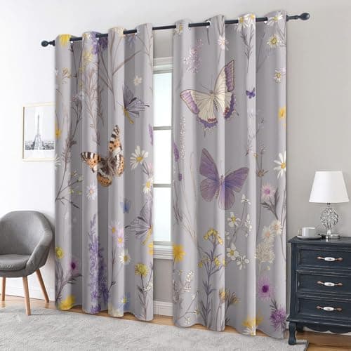 Image of Butterfly Floral Curtains Blackout, 46x54 Inch 2 Panels - Purple Butterflies Flower Pattern Black Out Curtains, Home Decor, 54 Drop Eyelet Window Drapes for Bedroom, Living Room KA127