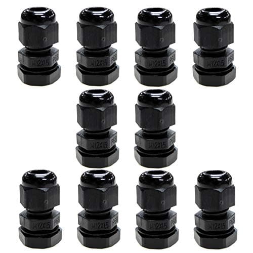 Image of 10 Pack Black M12 12mm TRS Stuffing Compression Glands for 3-6.5mm Cable, Waterproof IP68 with Locknut and Washer