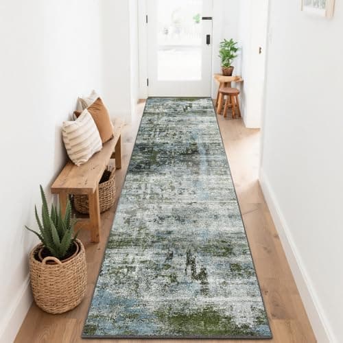 Image of SOANNY Runner Rug, 80x240 cm Abstract Low Pile Carpet, Non-Slip Washable Area Mat for Bedroom, Hallway, Kitchen, Laundry, Entryway, Utility, Beside Sofa, Office, Moss Green