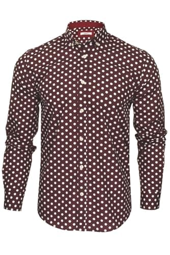 Image of Xact Men's Polka Dot Long Sleeved Shirt, 100% Cotton, Slim Fit, Button-Down Collar, Mod Vintage (Burgundy/White) XXL
