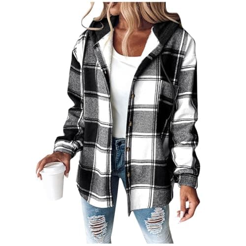 Image of Women's Flannel Jackets Plaid Tartan Check Shirts Hoodies Winter Shacket Coat Long Sleeve Button Down Outdoor Patchwork Wool Blend Autumn Winter Outfits Ladies Lumberjack Jackets