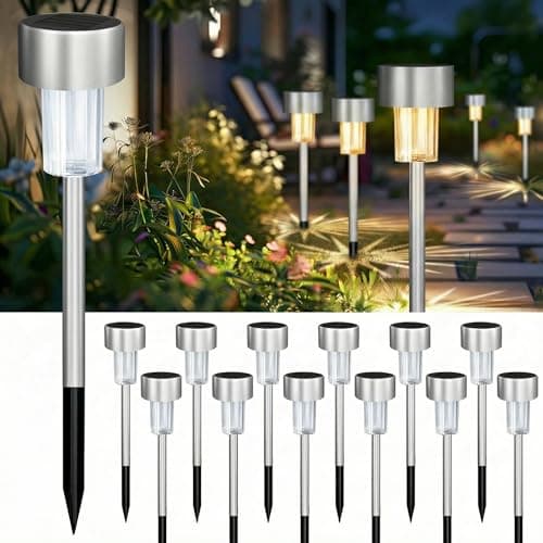 Image of Jsdoin 12PCS Solar Garden Lights, Garden Stake Light Stainless Steel LED Solar Lights Waterproof Auto On-Off Pathway Lighting for Walkway, Patio, Outdoor, Lawn, Driveway (Warm)
