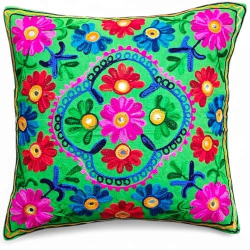 Image of Original Kikan Suzani Multi Colour Floral Embroidery 16"x16" 40 x 40 cm Indian Ethnic Cushion Cover Takiya Sofa pillow Zipper Back (GREEN)