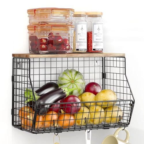 Image of WELDUN Fruit Basket Metal, Kitchen Hanging Fruit Bowl with Banana Hanger, Kitchen Countertop Rack, Wall mounted Storage Baskets for Vegetables, Fruit, Bread