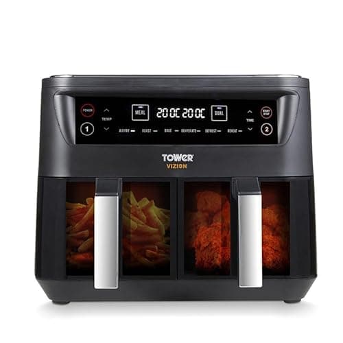 Image of Tower Vortx Vizion 8L Dual Basket Air Fryer with Digital Control Panel & 6 One-Touch Pre-sets, Black, T17104