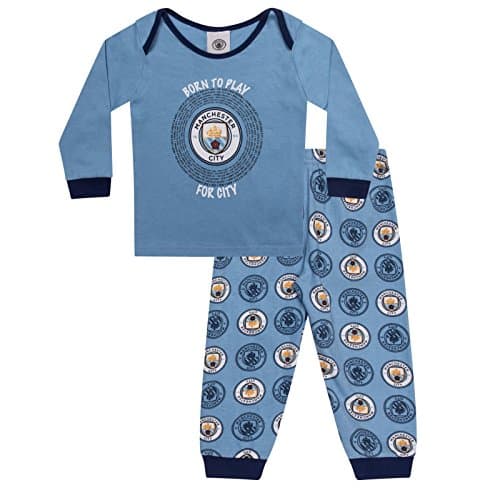 Image of MANCHESTER CITY FC Official Football Gift Boys Kids Baby Pyjamas 3-6 Months Sky Blue