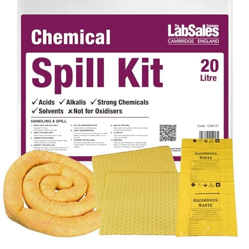 Image of Labsales 20lt Chemical Spill Kit With Super Absorbent Pads, Socks & Disposal Bag, Suitable For Acids, Alkalis, Strong Chemicals & Solvents, Made in Britain, Pack of one spill kit (20lt)
