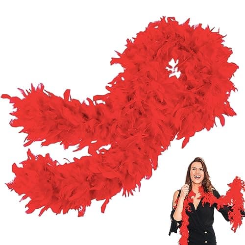 Image of POPOYU Red Feather Boas Thick Fancy Dress for Women,Girls,80g 2m/6.6ft Natural Turkey Feather Boa Red,Party Fluffy Boa Feather Scarffor Bulk for Adult,Kids,Wedding Bachelor Halloween Christmas Party